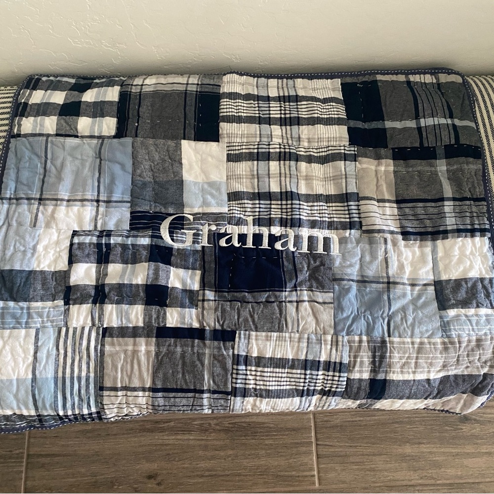 Pottery Barn Kids Navy and Light Blue Patchwork Pillow Cover